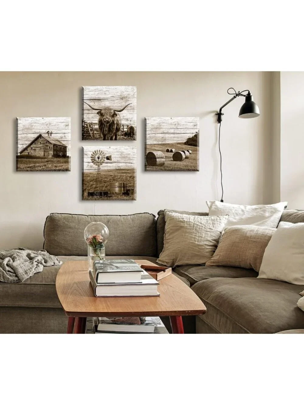 Rustic Highland Cow Canvas Wall Art | Farmhouse Decor, 4 Panel Set, Ready to